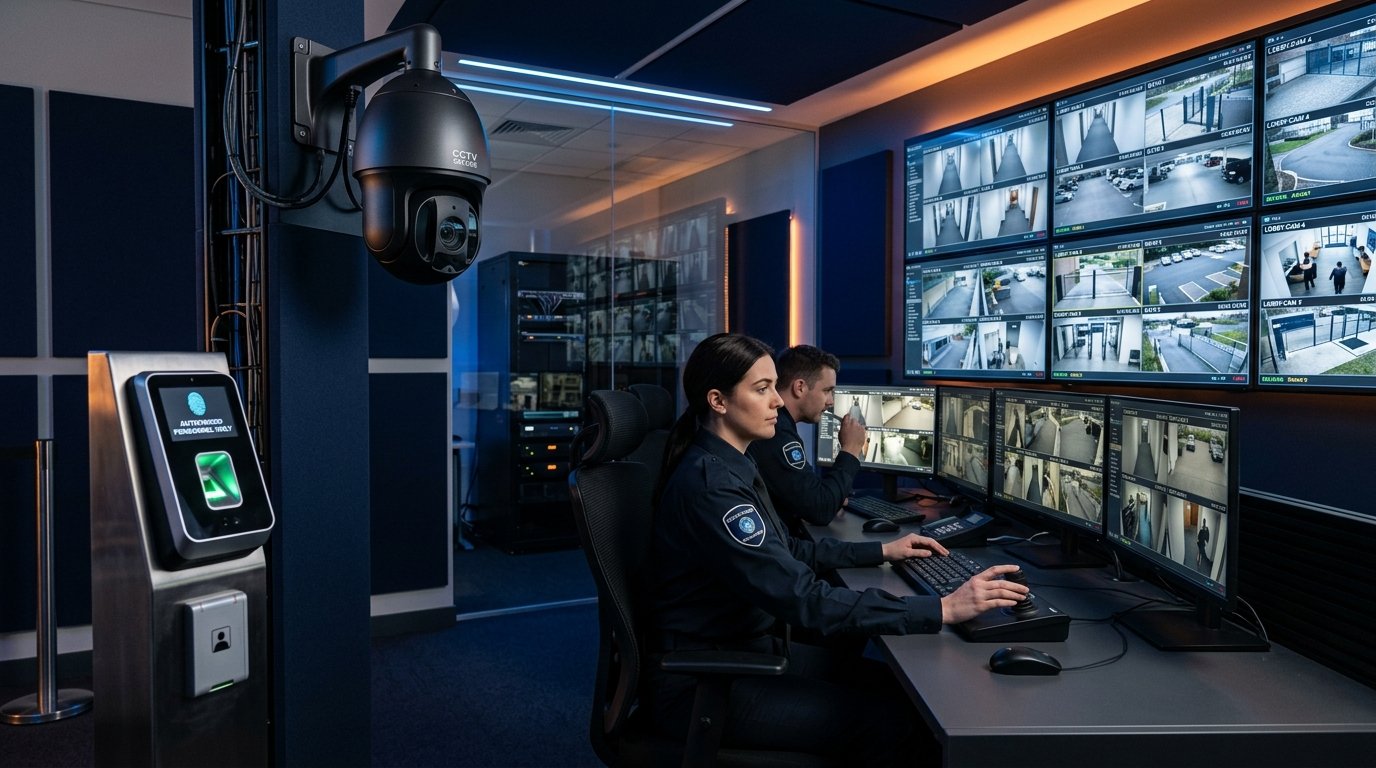 CCTV security camera control console and surveillance monitoring screens