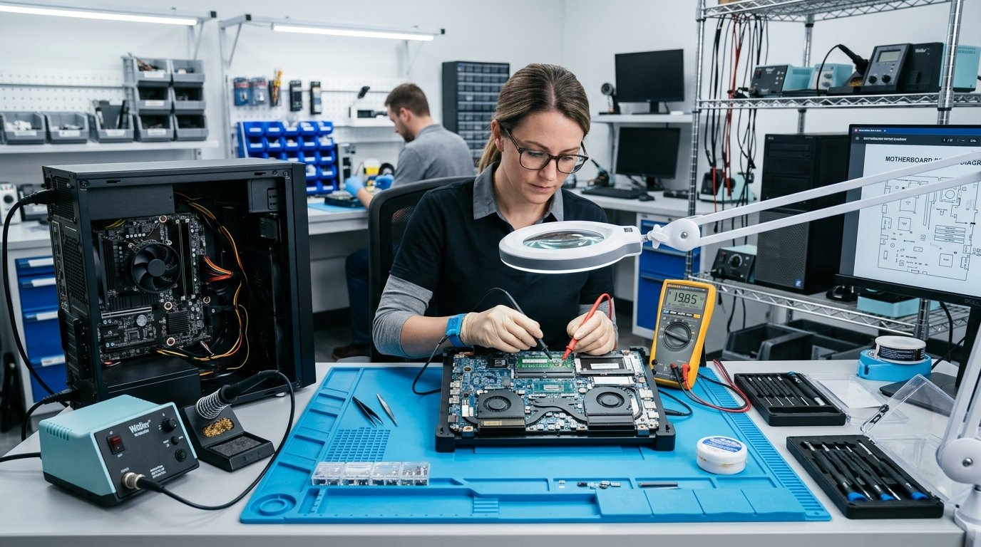 Laptop motherboard component diagnostics and computer repair lab